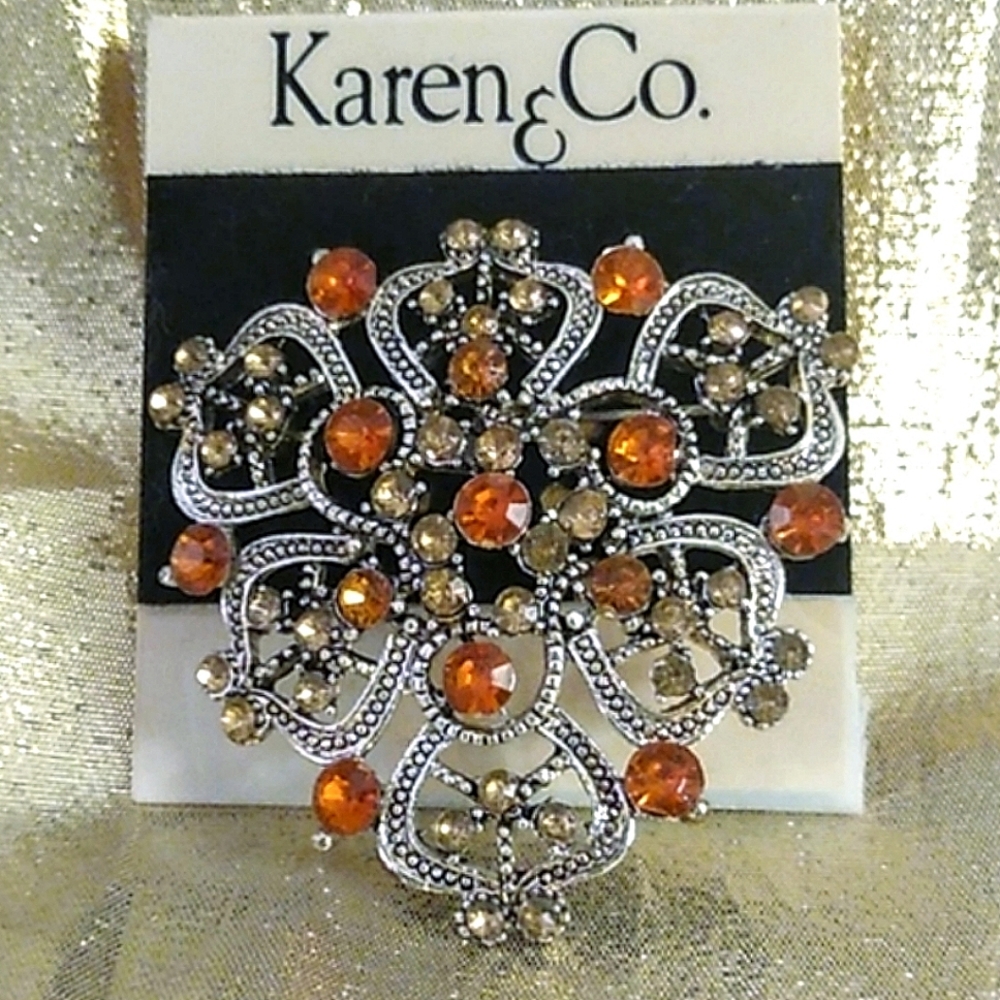 Fabulous Orange & Jonquil Rhinestone Crystal Brooch